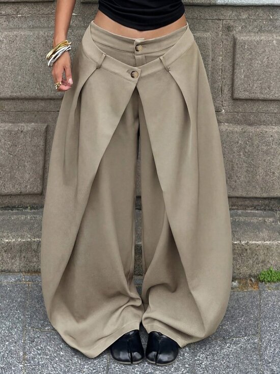 Pants - Khaki Casual Women's Woven Asymmetrical Wide Leg Pants